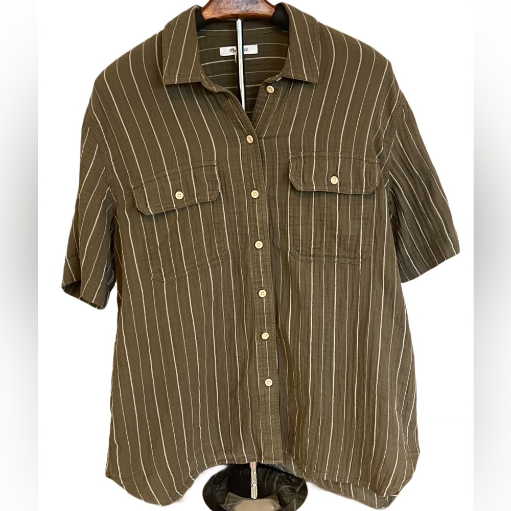 Madewell Green w White Stripe Casual Button Down Shirt
